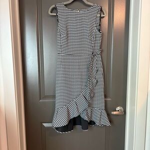 Calvin Klein Belted Black and White Gingham Dress with Ruffle Hem